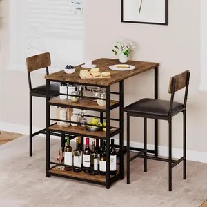 Rustic Brown 3-Piece Kitchen Table Set with 3 Storage Shelves, 2 Upholstered Bar Height Chairs, Modern Waterproof Top – Ideal for Small Spaces, Apartment Dining Rooms