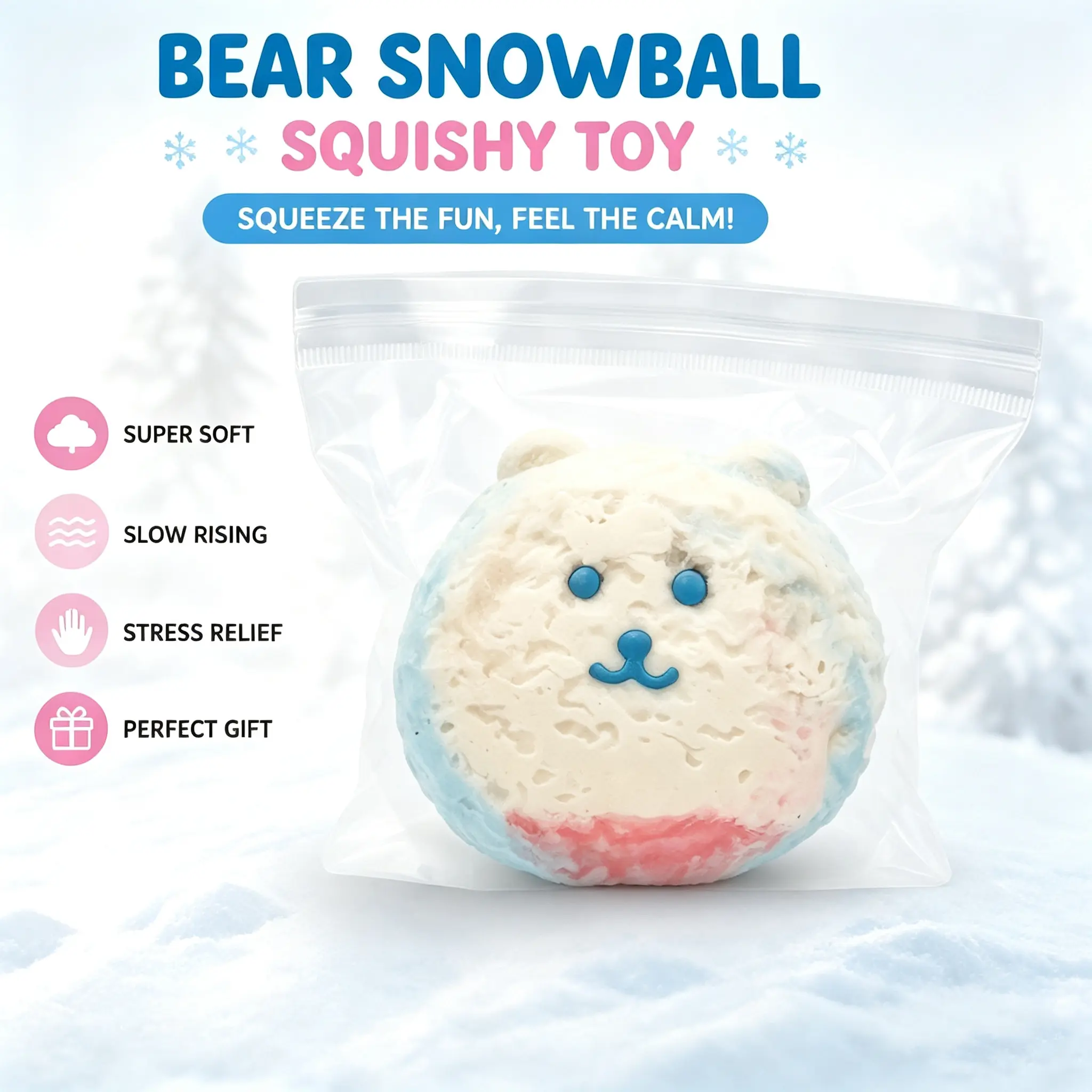 Bear Snowball Squishy Toy, Cute Bear Fidget Toy with Soft Slow Rising Texture, Stress Relief Squeeze Toy, Kawaii Gift for Kids & Adults