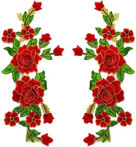 Fabric 3D Colorful Flower Lace Sewing Applique Patch Collar Applique DIY Craft Neckline Sewing Embroidery Patches Accessory for Cheongsam Clothes Dress 2 Pcs/lo (red)