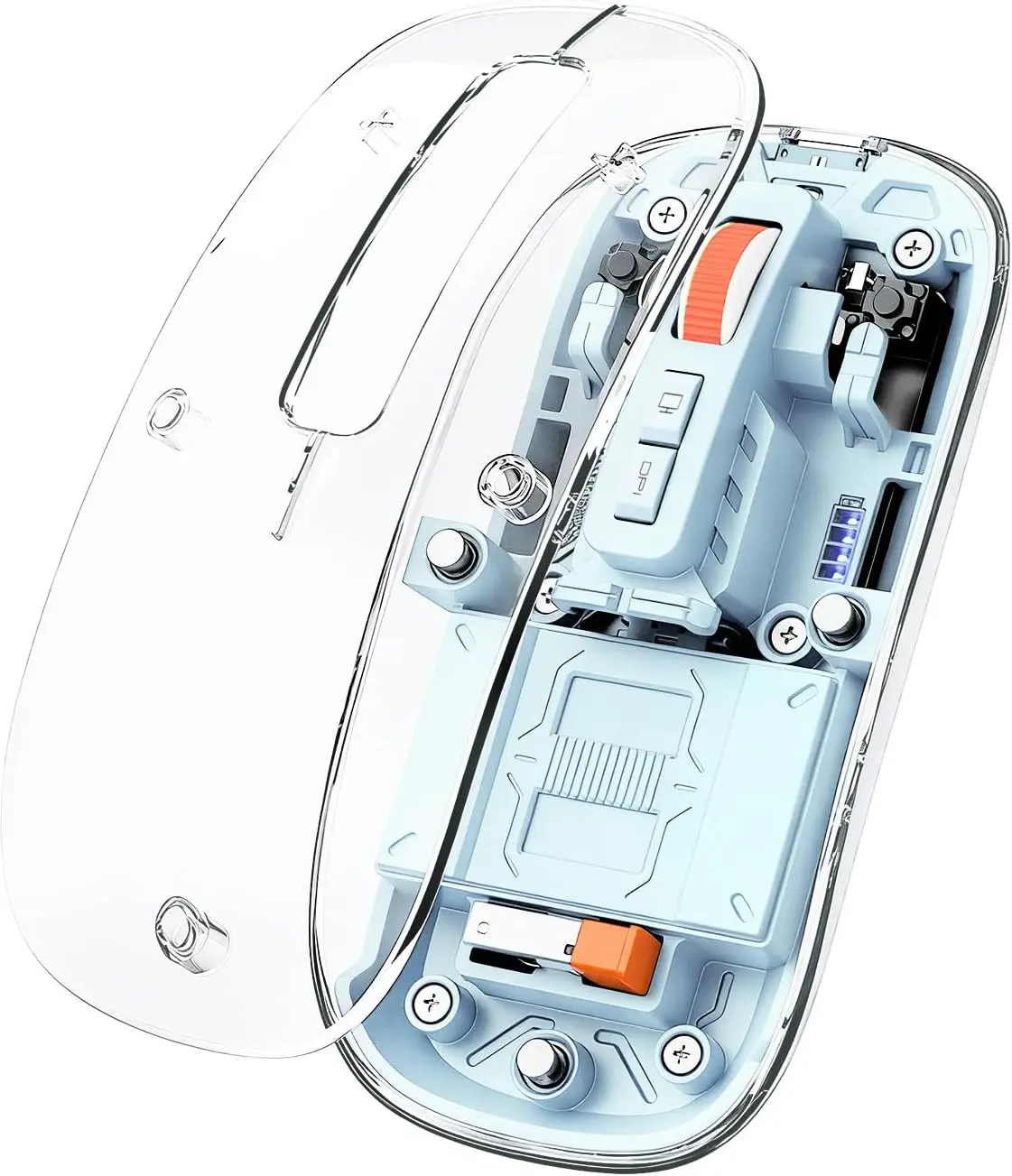 FMOUSE Transparent Slim Wireless Mouse - Tri-Mode 2.4G+Dual Bluetooth Multi-Device Mouse, 60-Day Battery Life, Silent Clicks, 1-Click Desktop Privacy Key for MacBook Laptop - Sky Blue