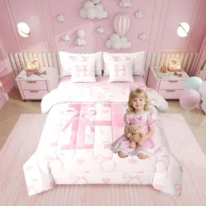 7 Pcs Cute Alphabet H Bed Set for Girls Teen Women Aesthetic Love Heart Sheet Set,Bed in A Bag Pink Romantic Bowknot Comforter Aesthetic Princess Letter