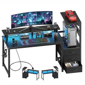 52-Inch Gaming Desk with 3 Fabric Drawers & Side Storage Shelves, Computer Gaming Table with Built-in USB Charging Ports & RGB LED Lighting, Sturdy Steel Frame & Carbon Fiber Textured Tabletop, Featuring Elevated Monitor Shelf
