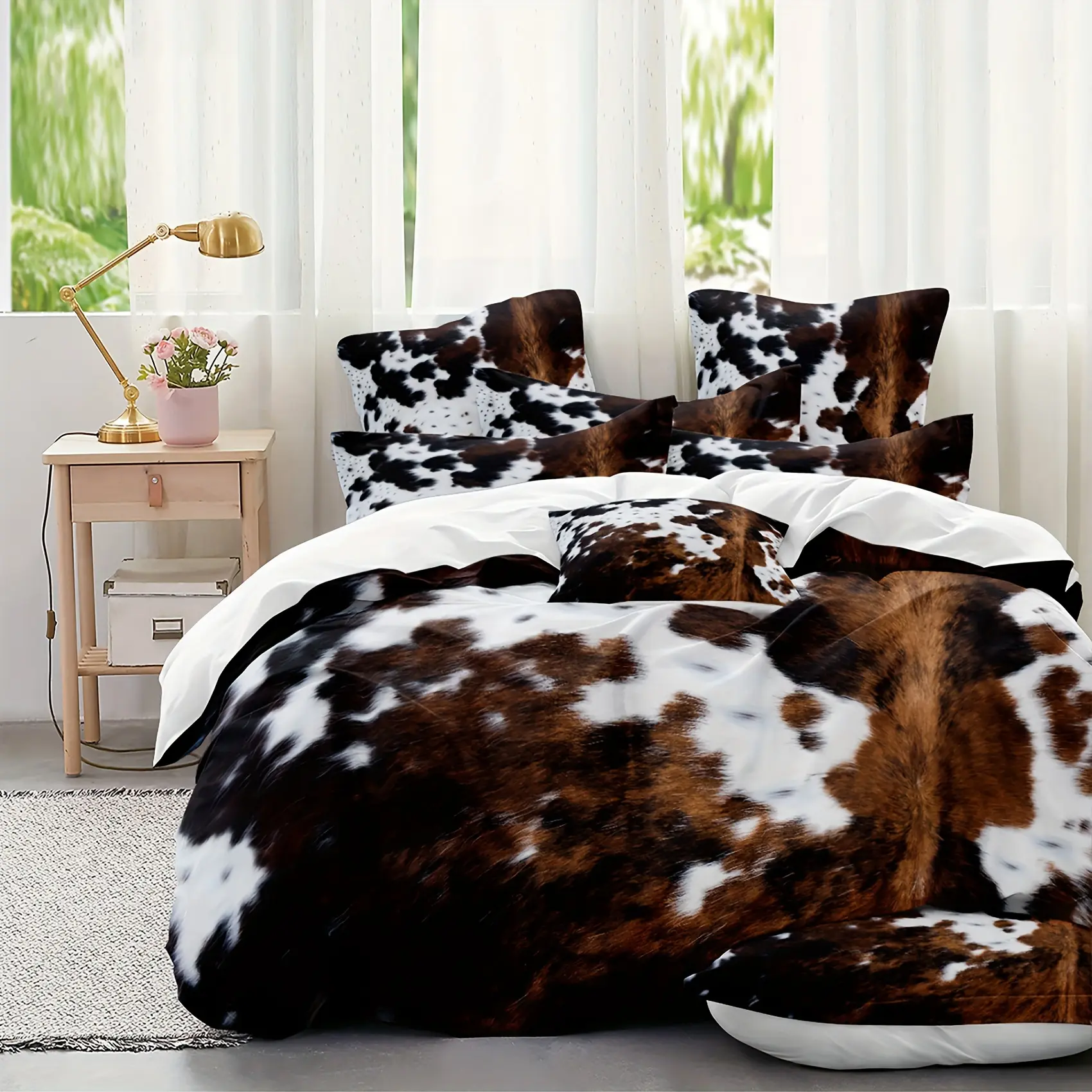 Brown and Black Cowhide Pattern Yak Leather Bedding Set - 2/3-Piece All Seasons Sets with Washable Polyester Ultra-Fine Microfiber Duvet Cover, Soft & Comfortable, No Down Comforter Included, Other Patterns Available