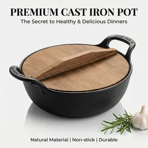 Cast Iron Soup Pot with Wooden Lid, Non-Stick, Corrosion-Resistant and Durable Cookware, Ideal for Home and Outdoor Use, Includes Handle
