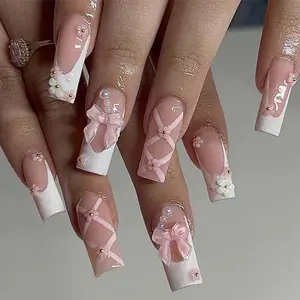 Medium Long Rhinestone Square Pink Fake Nails - Glossy 3D Flower Press On False Nails Tip - Artificial Nails Finger Manicure for Women and Girls-24pcs