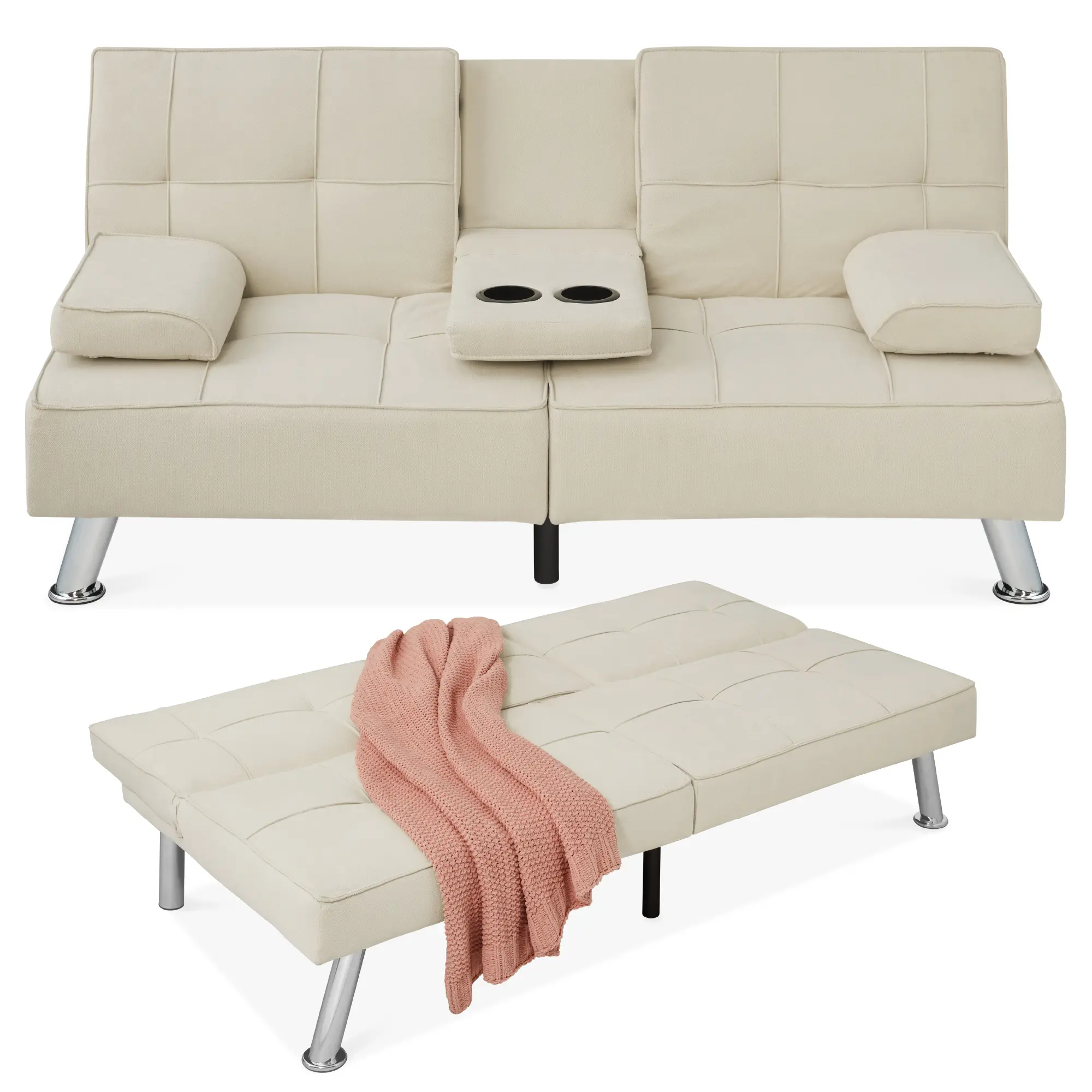 Best Choice Products Modern Linen Convertible Futon Sofa Bed w/ Removable Armrests, Metal Legs, Cupholders