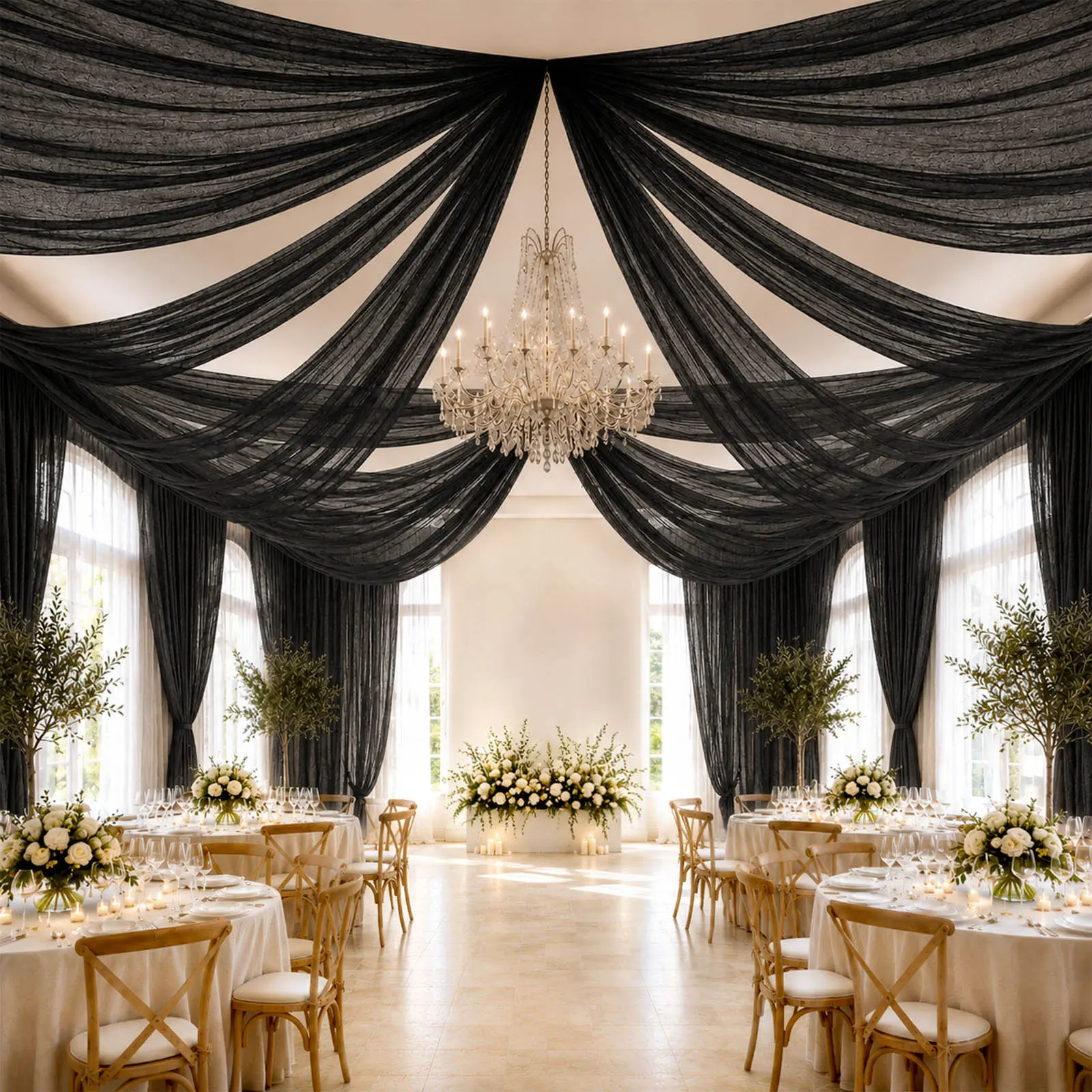 Black Sheer Ceiling Drape – 10ft x 32ft Extra Long Drapery Panel for Wedding Canopy, Backdrop & Reception Décor