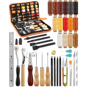 Leather Working Tools, Practical Leather Craft Kit with Waxed Thread Groover Awl Stitching Punch Hole for Leathercraft Beginner or Adults Gifts - Comes with Tool Manual