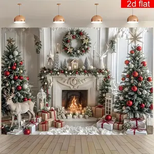 Christmas Theme Photography Backdrop, Christmas Tree Elk Pattern Party Banner, Bright and Durable, Suitable for Winter New Year Holiday Wall Decoration, Living Room, Outdoor Decoration