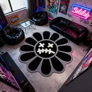 Round Bedroom Carpet, Fashionable Floral Mat, Creative Hip-Hop Style, Suitable for Young Adults, Reflective Short Velvet, Hand Wash Only