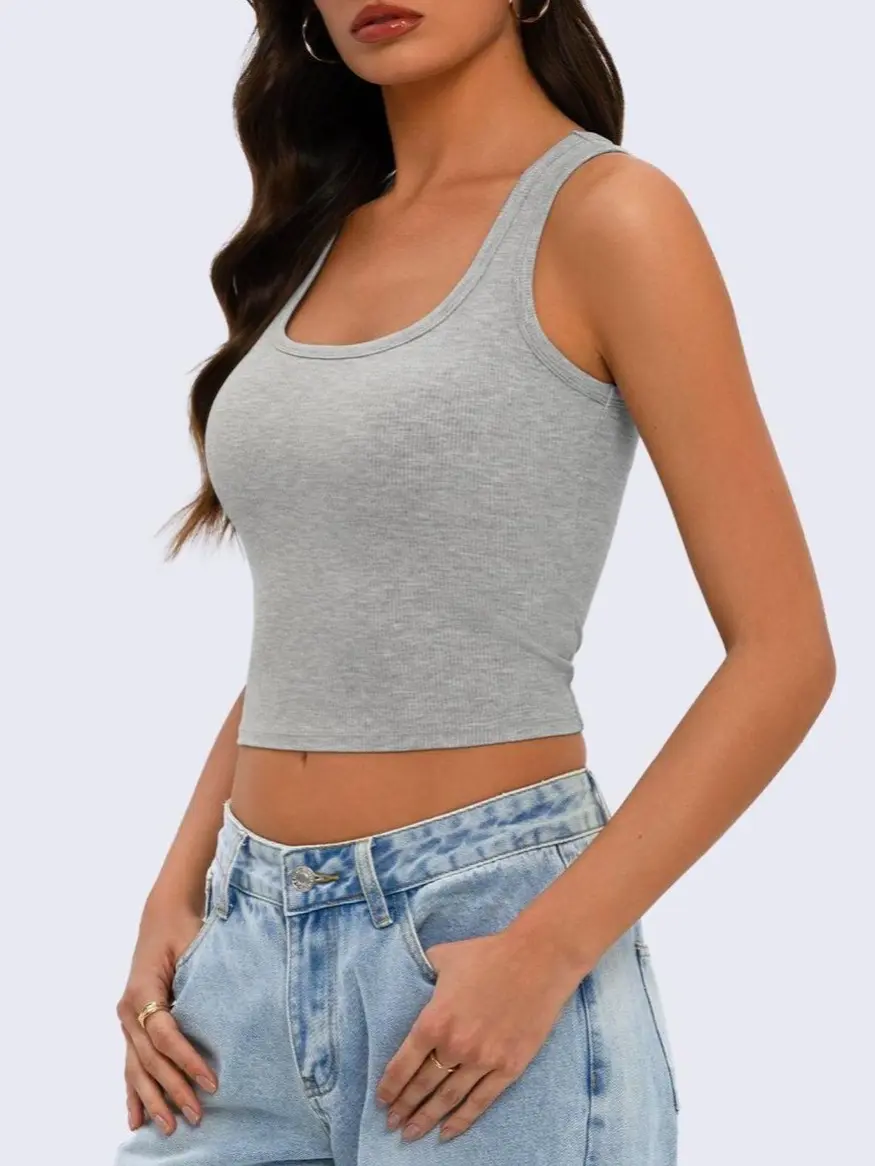 【Final Sale】WIETRY Women's Ribbed Tank Top with Removable Pads, Scoop Neck Cropped Cami, Stretchy Soft Y2K Basic Top for Casual & Workout  /WW004