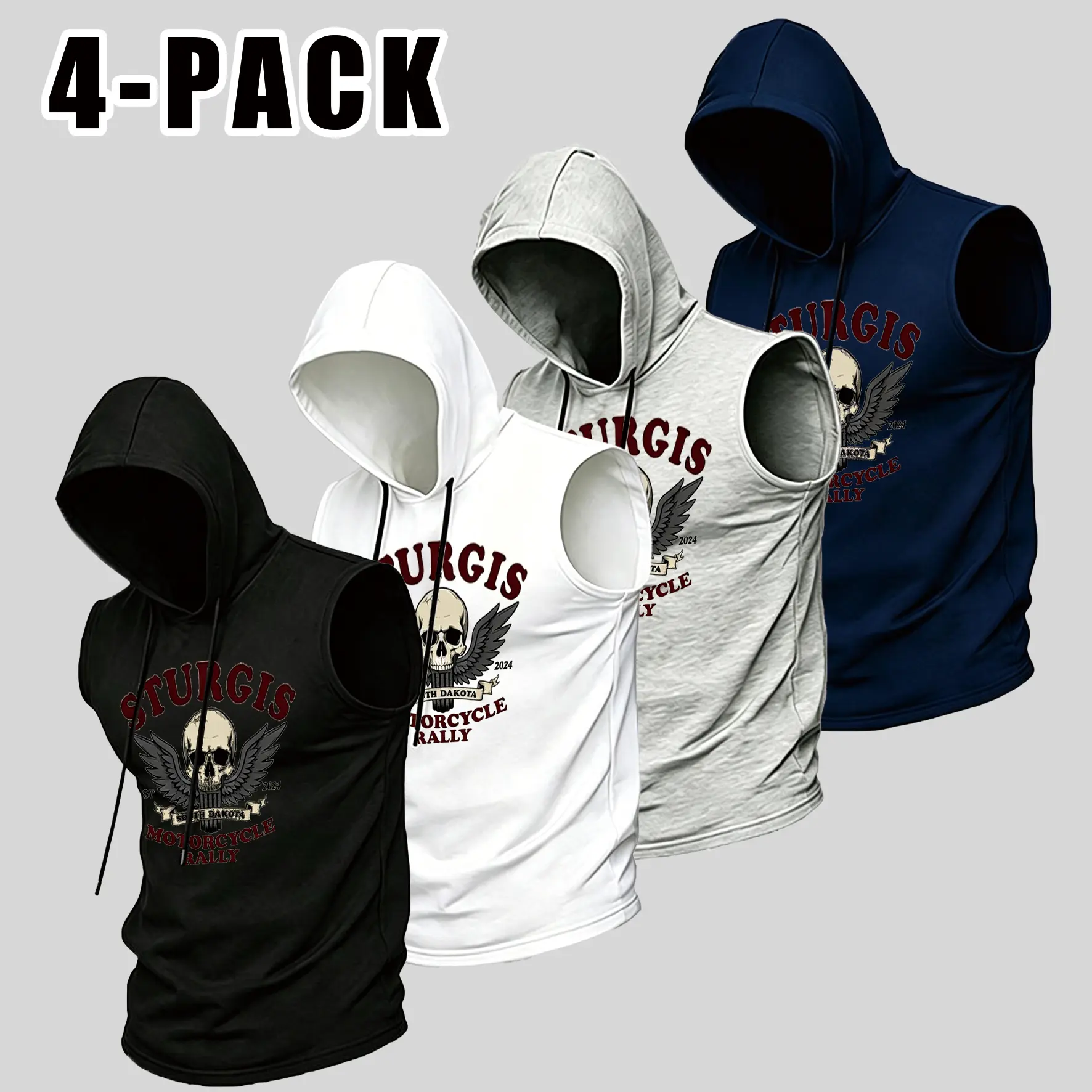 Men's Vintage Sturgis Motorcycle Rally Skull Wing Sleeveless Hooded Tank Top - Retro Biker Graphic, Streetwear, Fitness, Casual, Breathable Fabric