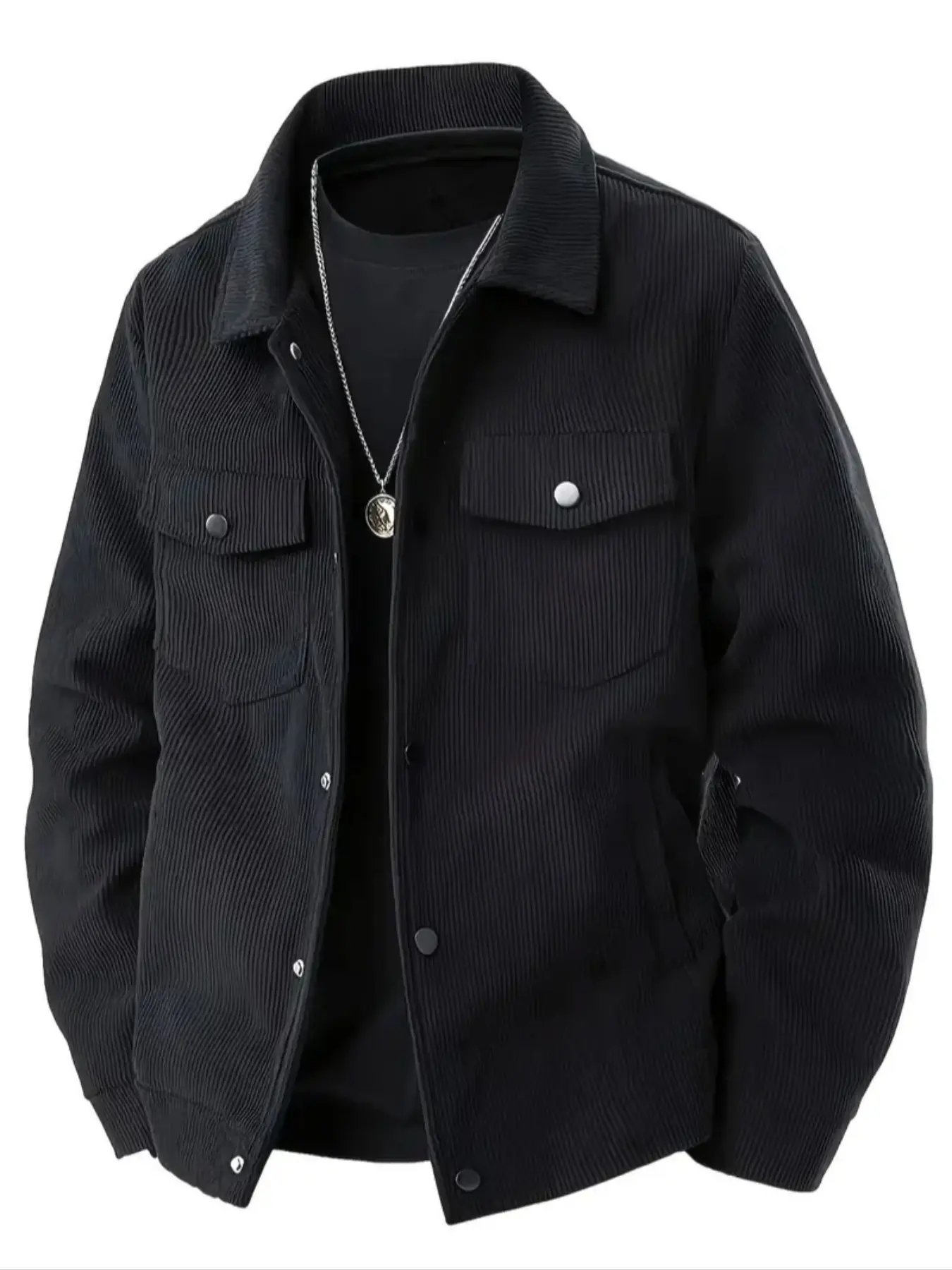 Men's solid color plain lapel button front opening with pockets corduroy jacket, suitable for autumn and winter wear men's outerwear, casual daily comfort version of the top Coats Menswear