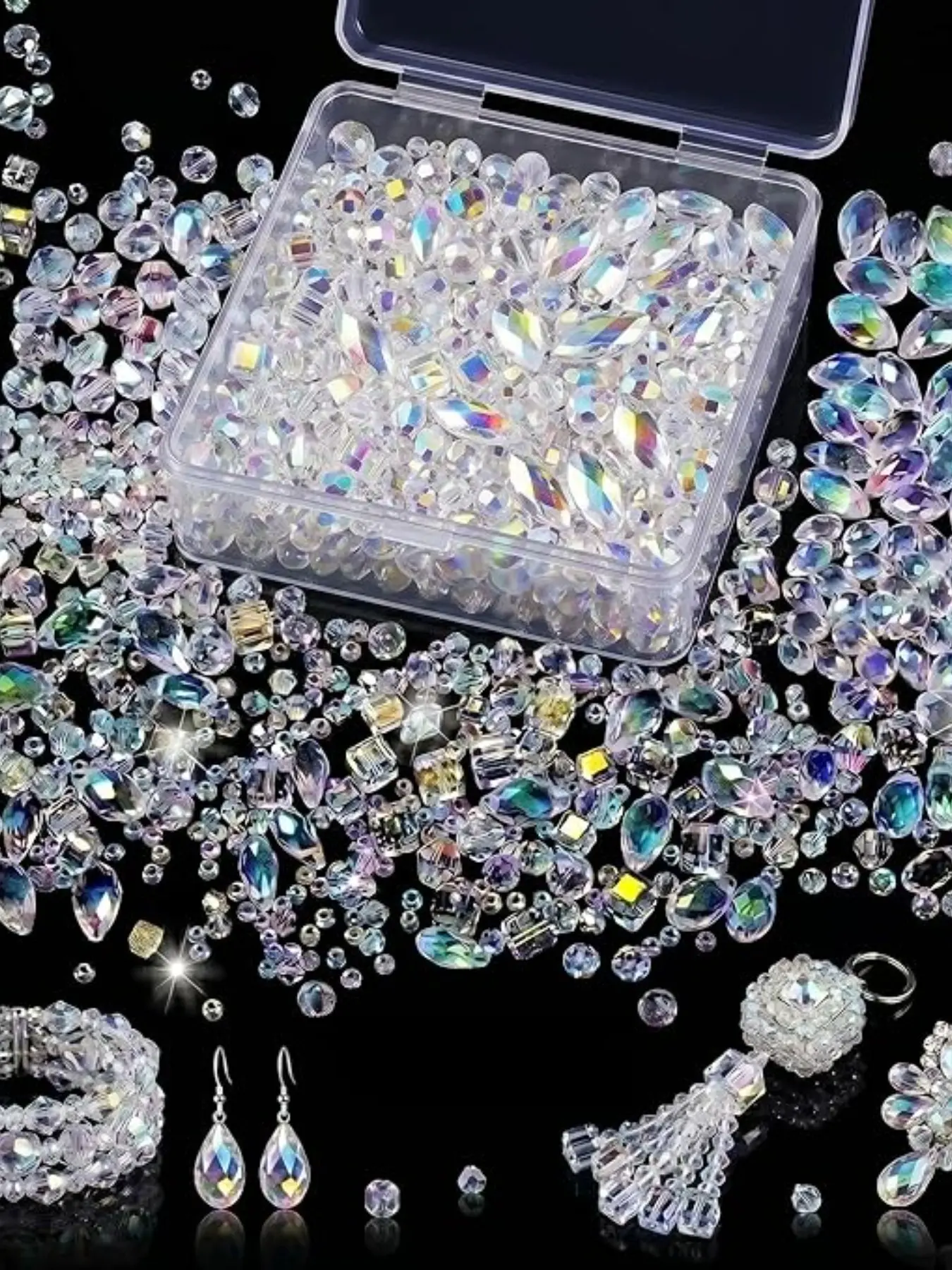A box of randomly designed white glass bead handmade accessories, transparent AB crystal in multiple shapes, DIY bracelets, necklaces, earrings, Beads For Bracelets