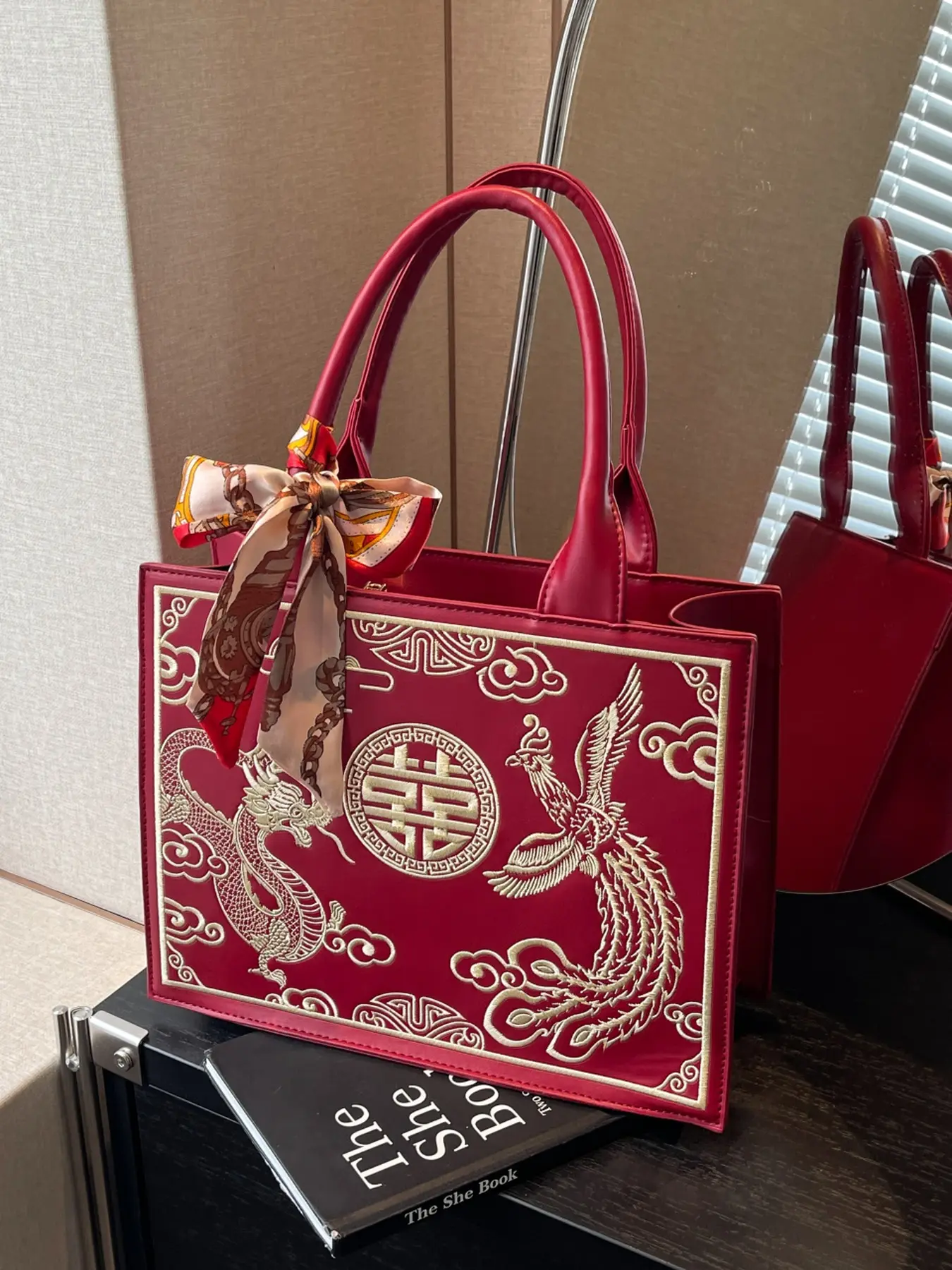 Chinese Style Red Bridal Tote Handbag, Dragon Phoenix Embroidered Large Capacity Women Handbag with Silk Scarf, Wedding Banquet Daily Commute Bag