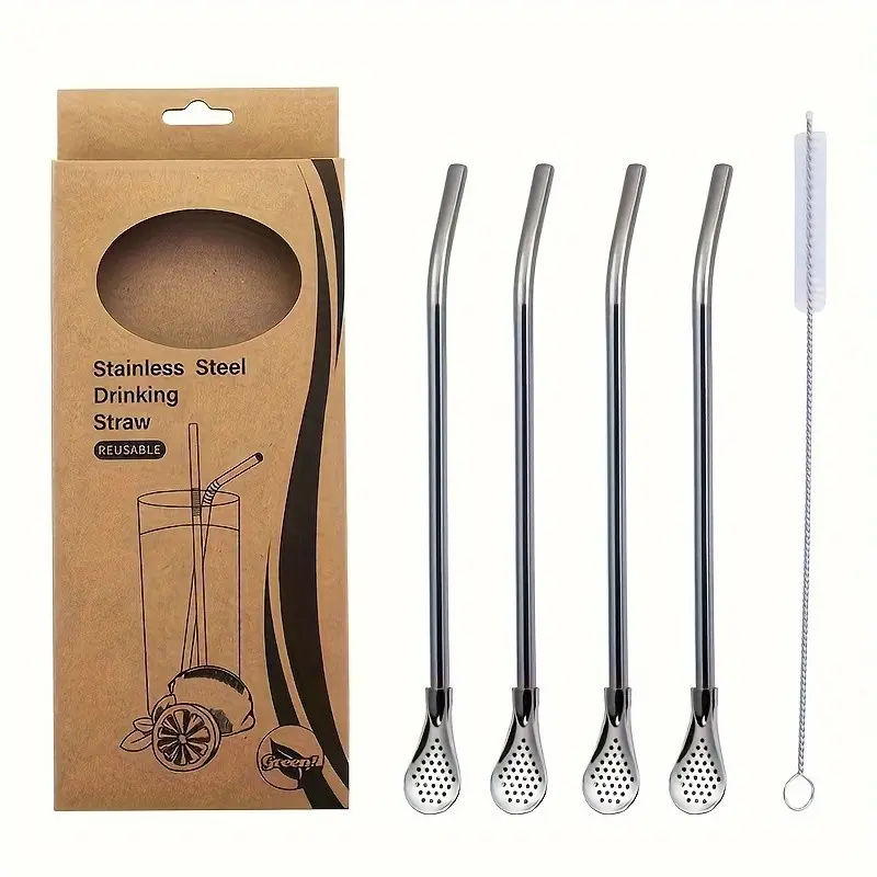 Stainless Steel Reusable Drinking Straws Set, Includes Filter Spoon & Cleaning Brush, Perfect for Yerba Mate Tea, Versatile Use, Durable Kitchen Essentials, Drinkware Accessories, Utensil, Beverage