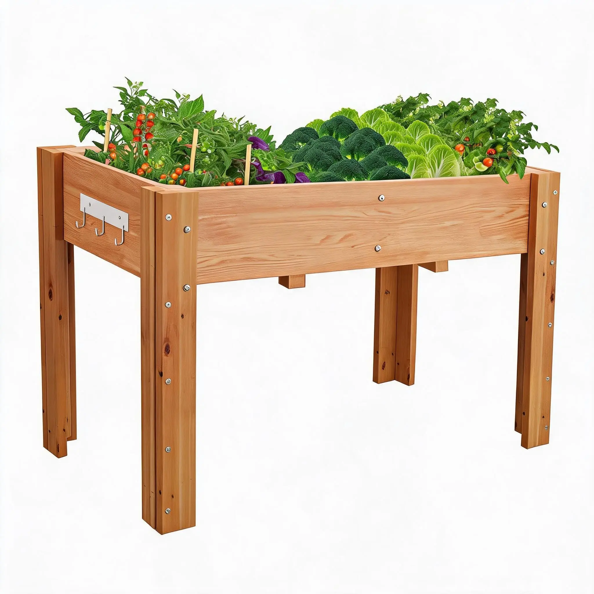 Heavy-Duty Fir Wood Rectangular Standing Planter Box (Single Unit, 116x57x76 cm) – Elevated Raised Garden Bed with Legs, Non-Woven Fabric Liner, 3-Side Tool Hooks, Drainage Holes