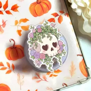Cute Floral Skull with Heart Eyes Phone Grip Clear Acrylic Griptok - Aesthetic Pastel Goth Cell Phone Stand Holder, Botanical Ivy Vine Spooky Finger Ring Grip Accessory, Whimsical Halloween Gift for Bookworms