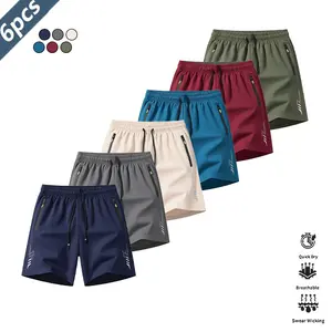 Men’s quick-dry lightweight breathable shorts, 6-pack, casual athletic style, wrinkle-resistant polyester blend fabric, solid color with reflective lightning stripe accents, suitable for running, basketball, and fitness training. SpringStatements
