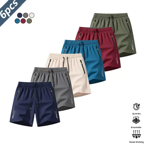 Men’s quick-dry lightweight breathable shorts, 6-pack, casual athletic style, wrinkle-resistant polyester blend fabric, solid color with reflective lightning stripe accents, suitable for running, basketball, and fitness training. SpringStatements