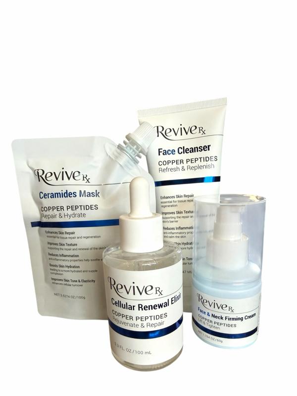 4-Pc REVIVE RX COPPER PEPTIDES REPAIR& HYDRATE SKINCARE SET-copper peptide face cleanser 5Fl Oz, copper peptide Ceramides mask 3.5374 Oz, copper peptides cellular renewal elixir 3.3 Fl Oz,copper peptides face & neck firming cream net 1.764 oz