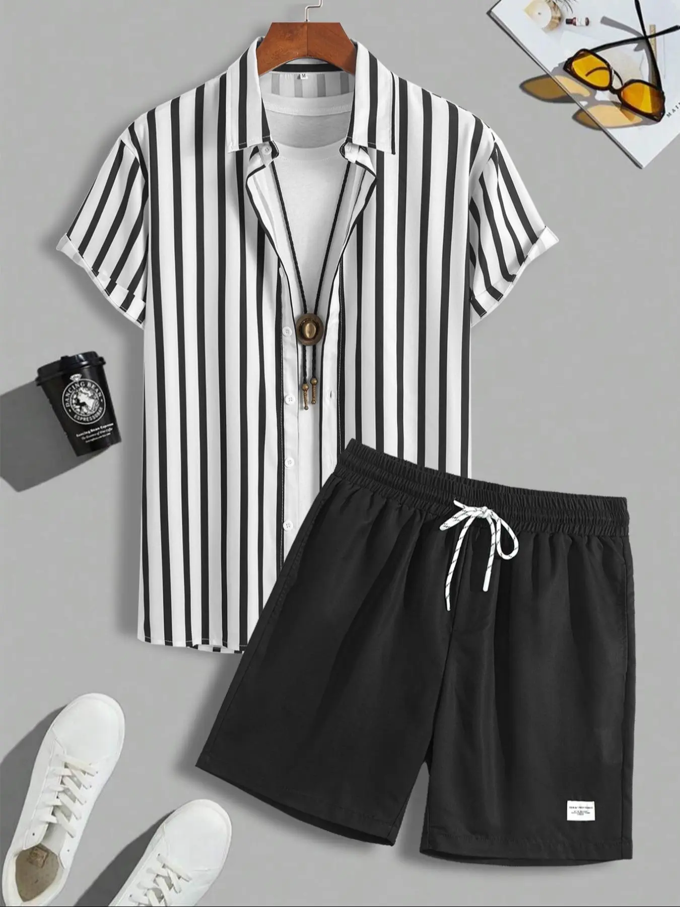 Men's Colorblock Striped Print Button Front Shirt & Drawstring Shorts Set, Casual Short Sleeve Collared Top & Shorts, Men's Summer Clothes for Tropical Beach Vacation Co Ord Sets Menswear