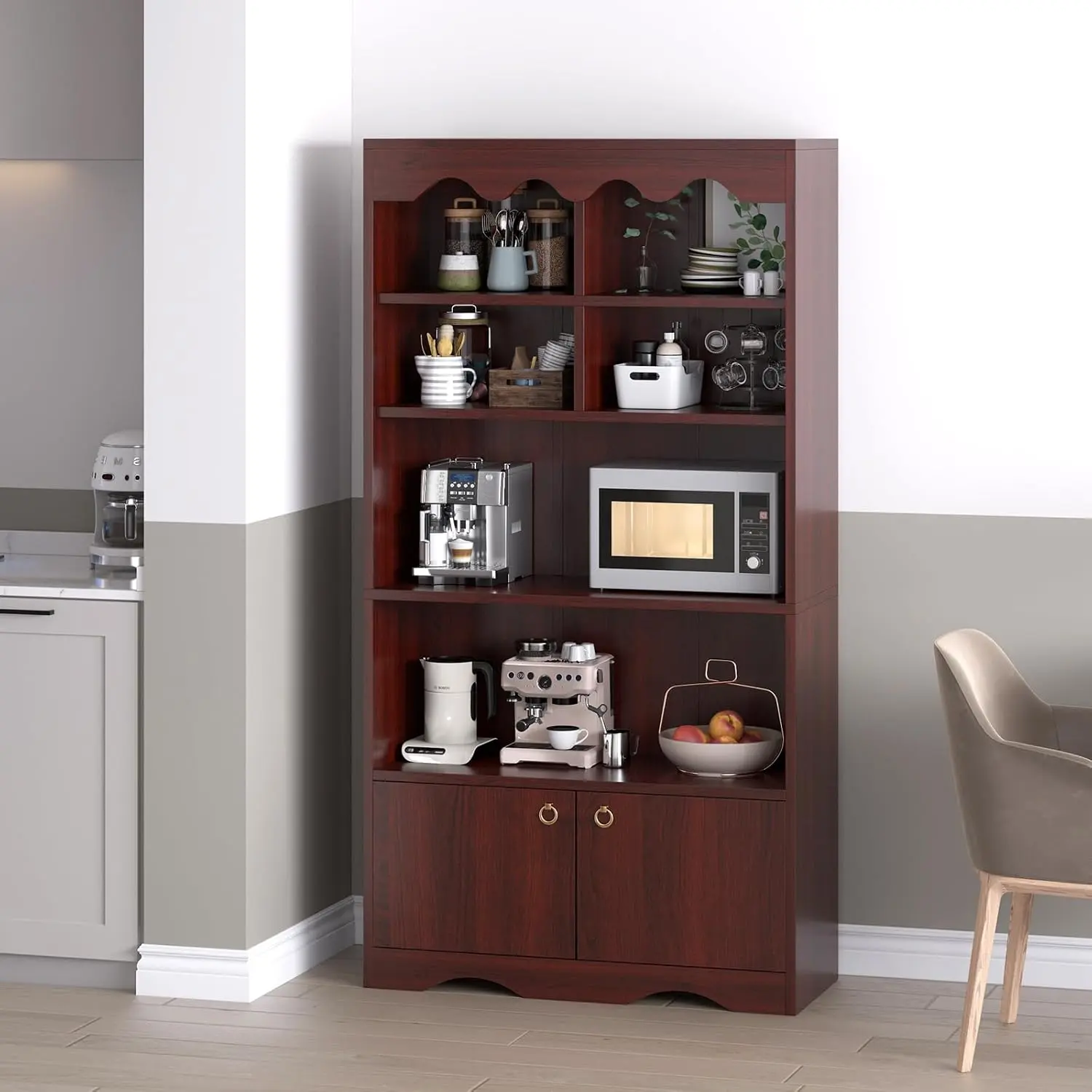 5-Tier 63-Inch Brown Durable Floor-Standing Bookshelf with Cabinet Doors, Quick-Setup Indoor Storage Organizer Unit with Assembly Required for Collectibles