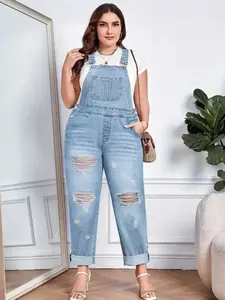 Plus Size Women's Fashion Washed Denim Overalls, Casual Loose-Fitting Ripped Jeans, All Seasons Wear, Perfect for Dates and