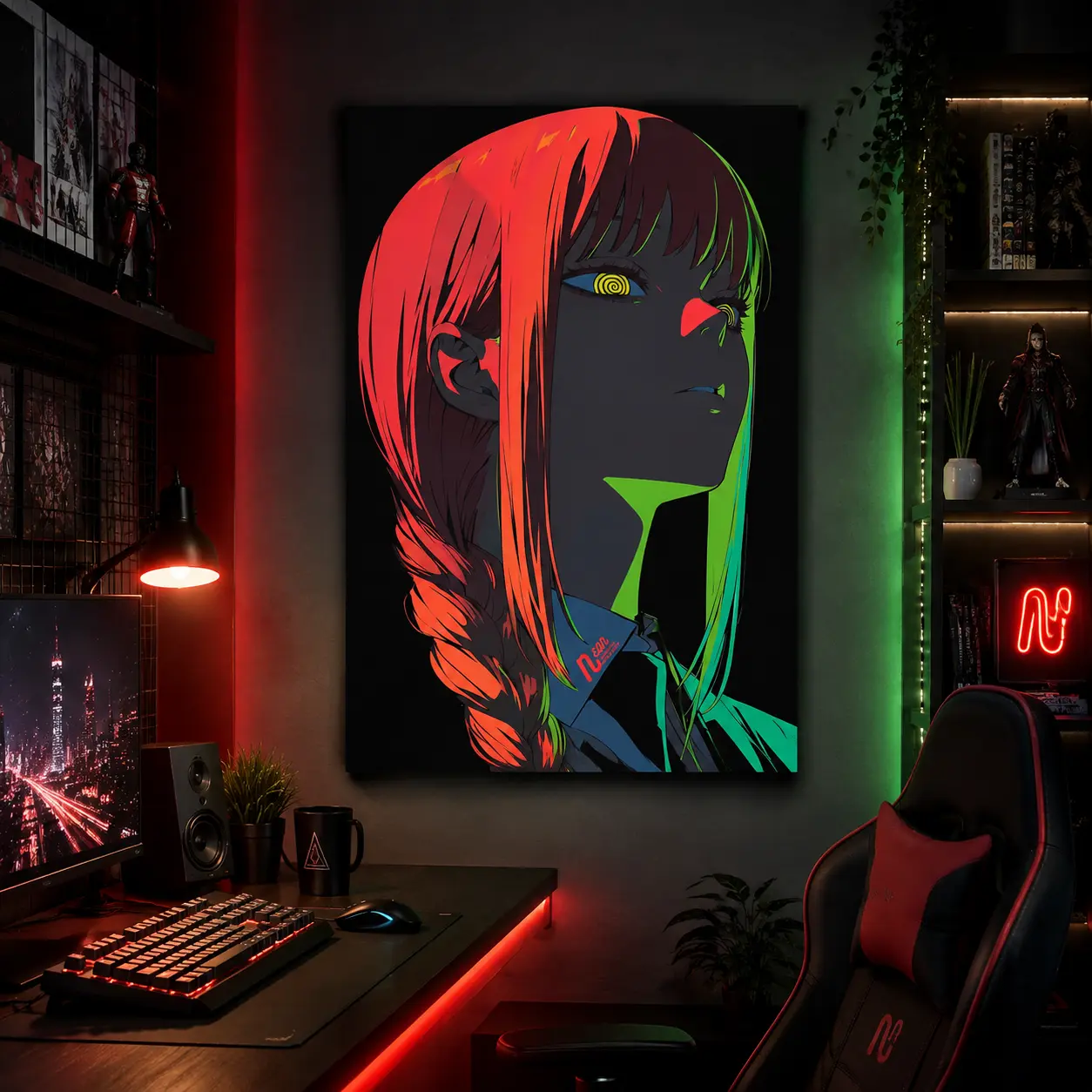 Chainsaw Man Makima Anime Canvas Art Print Neon Aesthetic Manga Poster Wall Decor Trendy Gamer Bedroom Living Room Studio Apartment Decoration Modern Control Devil Graphic High Quality Vibrant Dark Anime Canvas Painting Wall Art