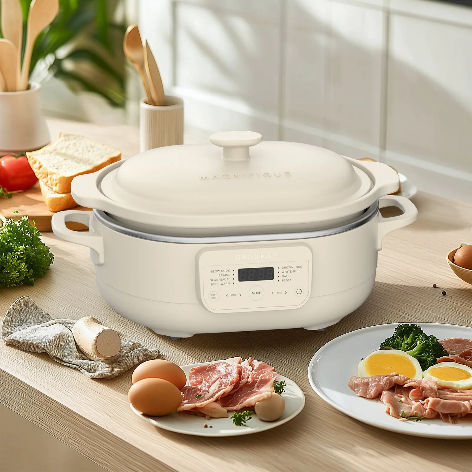 MAGNIFIQUE 4-Qt Multifunctional Cooker - 8-in-1 Programmable Slow Cooker with Nonstick Porcelain Stoneware Pot, Wooden Spoon, Oven Safe to 500°F for Family & Potlucks