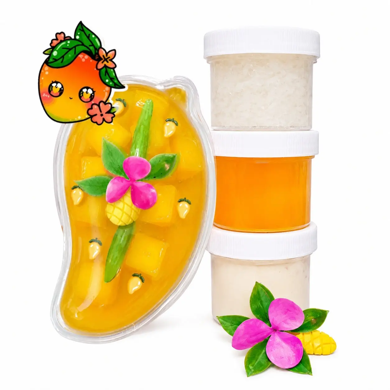 Mango Sticky Rice Slime Kit – 3pc Tropical DIY Slime Set with Coconut Cream, Mango Chunks & Charms Squishy Dumplings Pink Slime Gift Bag