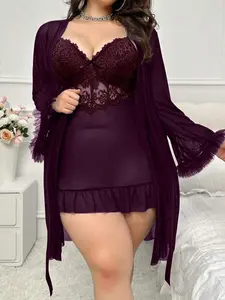 Lace Sheer Camisole Set Sexy lingerie suspender mesh jumpsuit lace pajama set Large size women's solid color elegant sexy comfortable mesh lace splicing bow thin shoulder strap nightgown+wide sleeved nightgown sleepwear home suit set