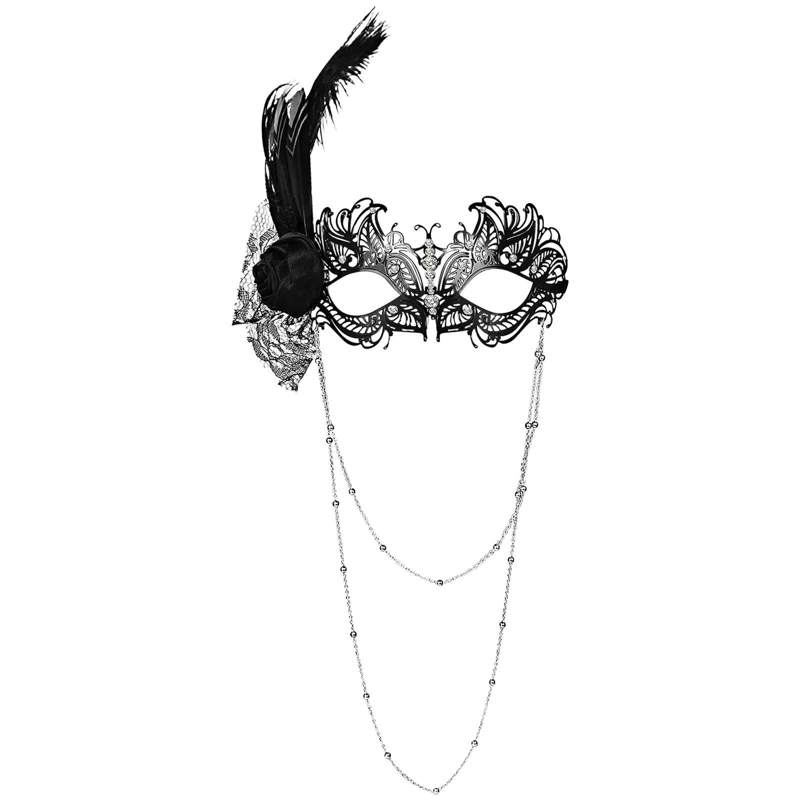 OIDEA Women's Venetian Masquerade Mask, Feathered Floral Lace Accessories with Rhinestones & Chain, Adjustable Party Prop Gift for Halloween, Strap, Removable, Polyester, Decoration, Venetian Mask, Comfortable, Adjustable Strap, Novelty