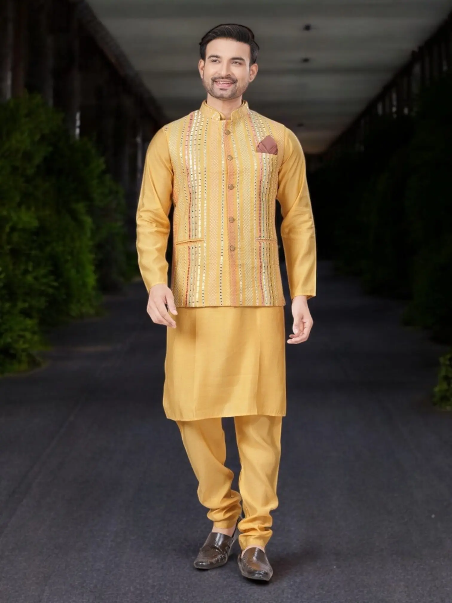 Mustard Color- Traditional Men's Kurta Pajama with Jacket– Ethnic Wear for Men-229