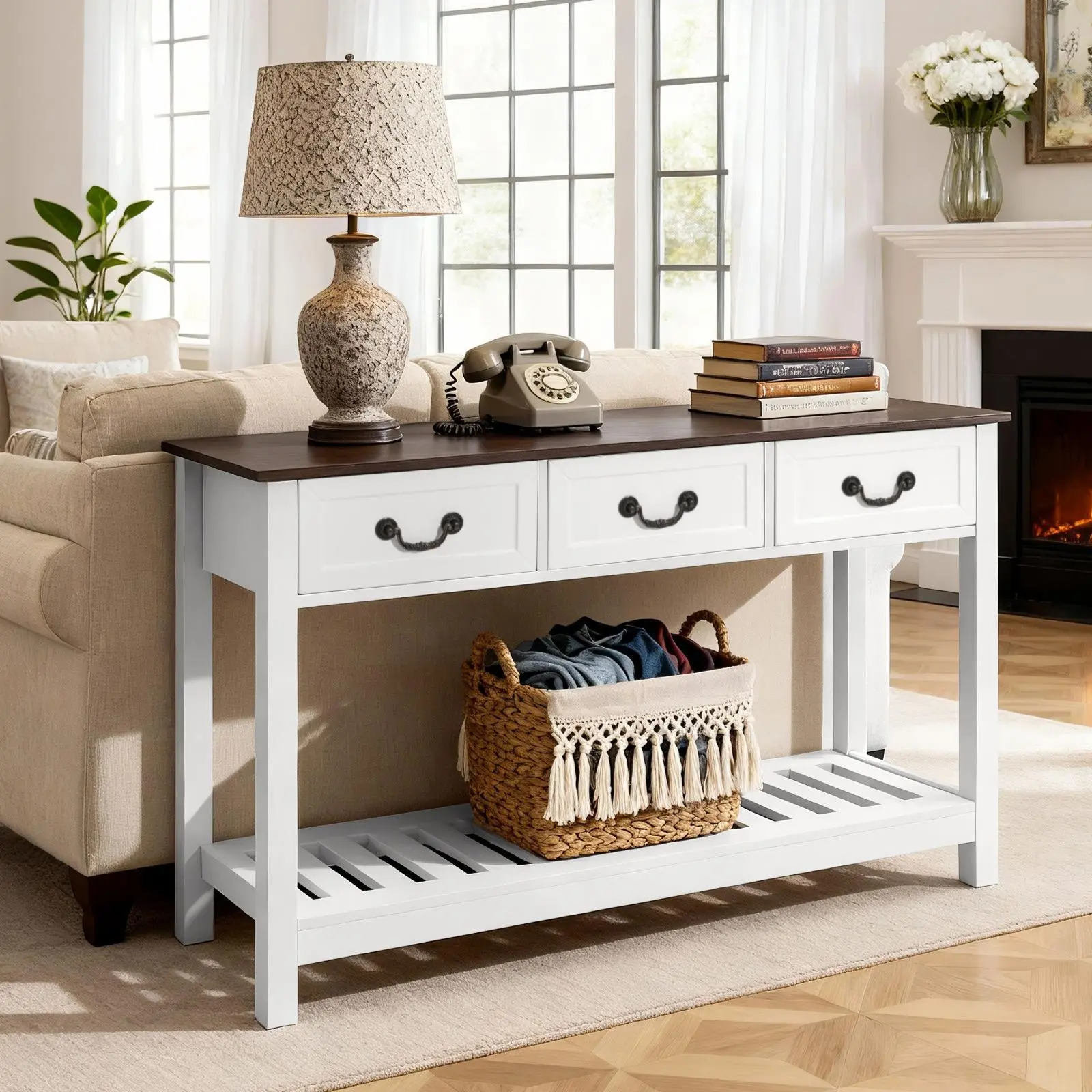 【SummerFinds】VEVOR Farmhouse Console Table - 47.2x11.8x31.5in, 66lbs, Narrow Particleboard Rectangle with Drawers, Bottom Storage Shelf, Sturdy Base, Quick Setup, Furniture for Small Spaces, Entryway Table, Brown+White