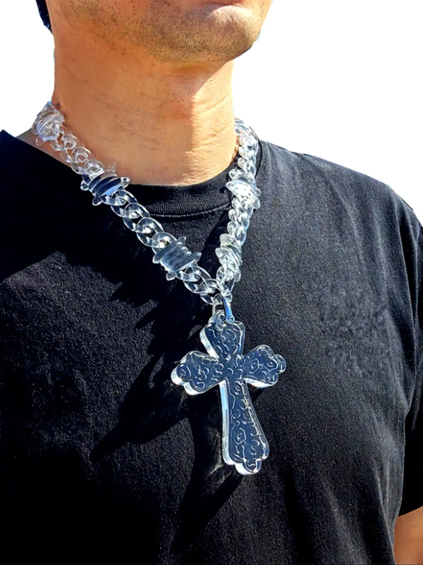 Men's Cross Pendant Necklace with Transparent Multi-Color Acrylic Chain, Cross Chain Design, Unique Daily Style Jewelry, Fashion Accessory for Men, Trendy Fashionable Accessories, Cuban Cross Necklace