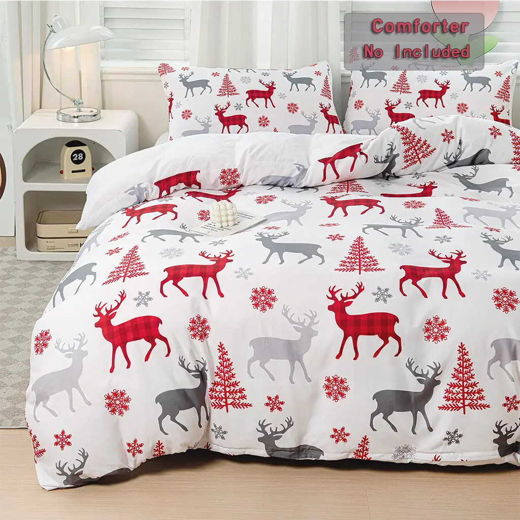 Festive Christmas Reindeer Duvet Cover Set (NO Insert) – Ultra-Soft Brushed King Size ,Microfiber Bedding Cover, Invisible Zipper , Includes 1 Duvet Cover with Zipper Closure & 1-2 Pillow cases，Holiday Gift & Winter Bedroom Décor