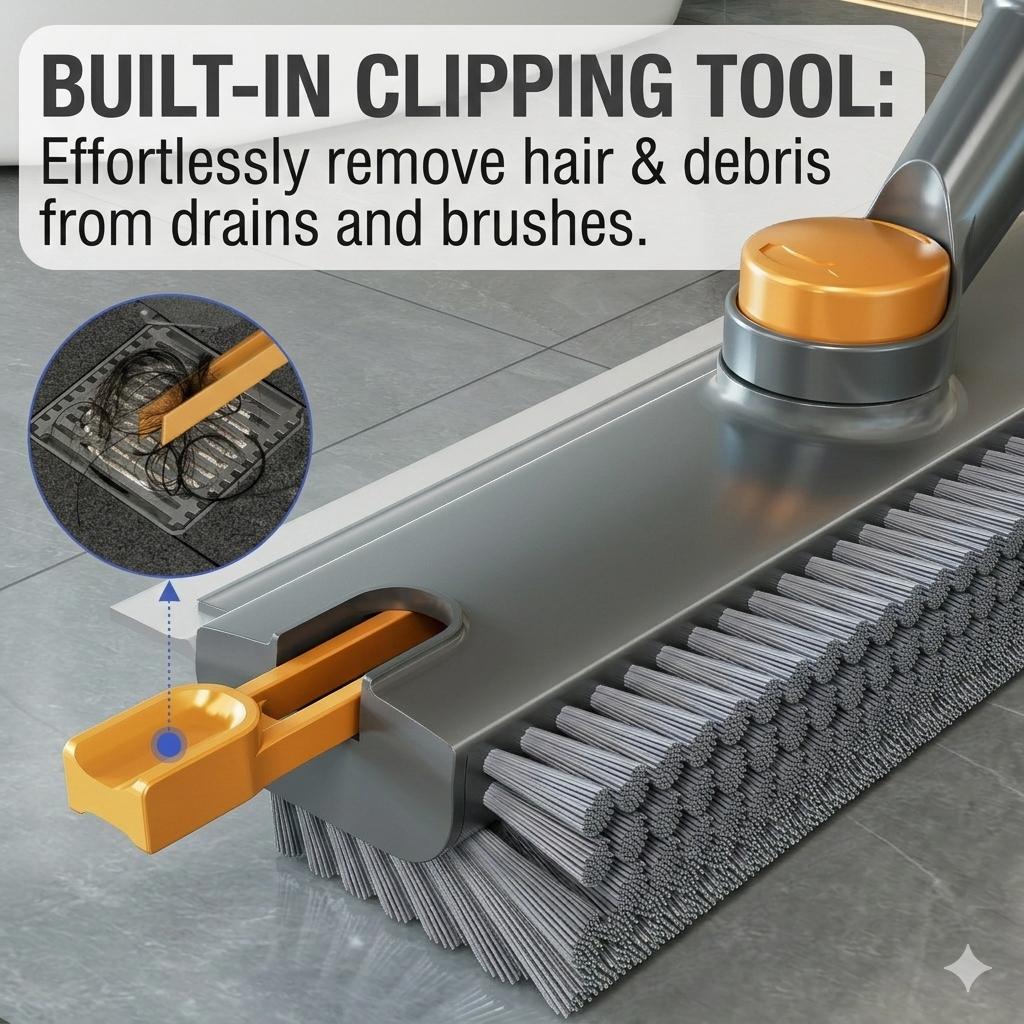 A-3-in-1 Floor Scrub Brush with Long Handle, Heavy Duty Stiff Bristle Scrubber with Squeegee, Multipurpose Cleaning Brush for Bathroom, Shower, Patio, Garage, Deck and Tile Grout