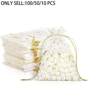 100/50/10 PCS-Moon Star Print Organza Bags, Candy Gift Bags, Semi-Transparent Drawstring Pouches, Party Jewelry Holiday Packaging