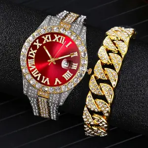 Hip Hop Style Men's Watch, Gold-Tone Case with Emerald Green Full Pavé Dial, Roman Numerals & Date, Bling Crystal Statement Watch