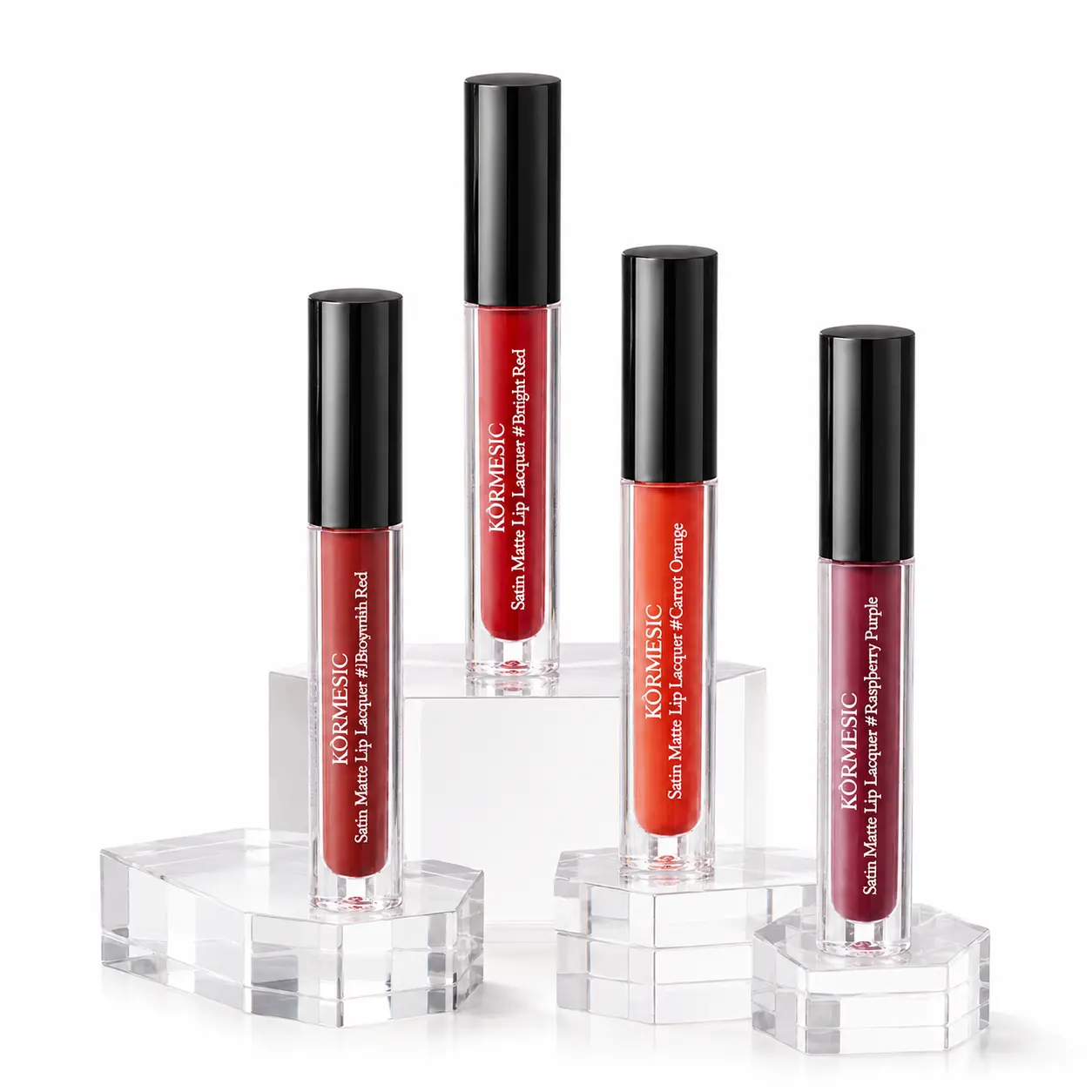 Women's Satin Matte Liquid Lipstick Set - 4 Vibrant Multiple Shades (Bright Red, Brownish Red, Carrot Orange, Raspberry Purple), Compact Small Size 2.2g Each, Easy Apply Smooth Lightweight Lip Lacquer for Daily Wear, Velvety Finish, Smooth On