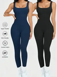 Womens Workout Rompers Jumpsuits Sporty Comfy Jumpsuit Seamless Ribbed Yoga Gym One Piece Sleeveless Square Neck Tank Top Leggings Unitard Stretchable Activewear Workout Apparel