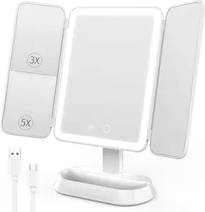 Tri-fold Travel Makeup Mirror with 48 LED Lights, 2X/3X/10X Rechargeable Vanity Mirror with Light,Portable Magnifying Mirror with Light,Stepless Dimming and Touch Control Table Mirror, Perfect Gift for Mother's Day