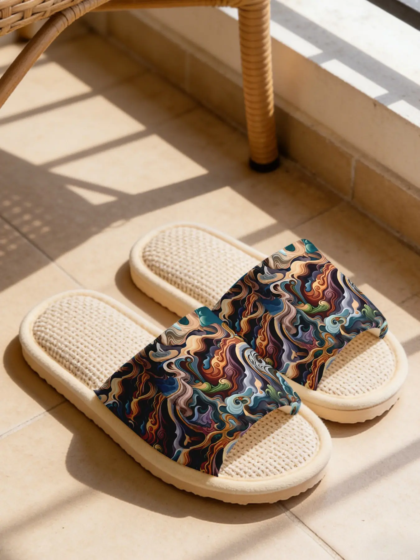 Black Base Colorful Chinese Cloud Pattern Print Linen Slippers Chinese Trend Art Style Cloud-Feel Linen Breathable Non-Slip Must-Have For Chinese Trend Lovers Home & Outdoor