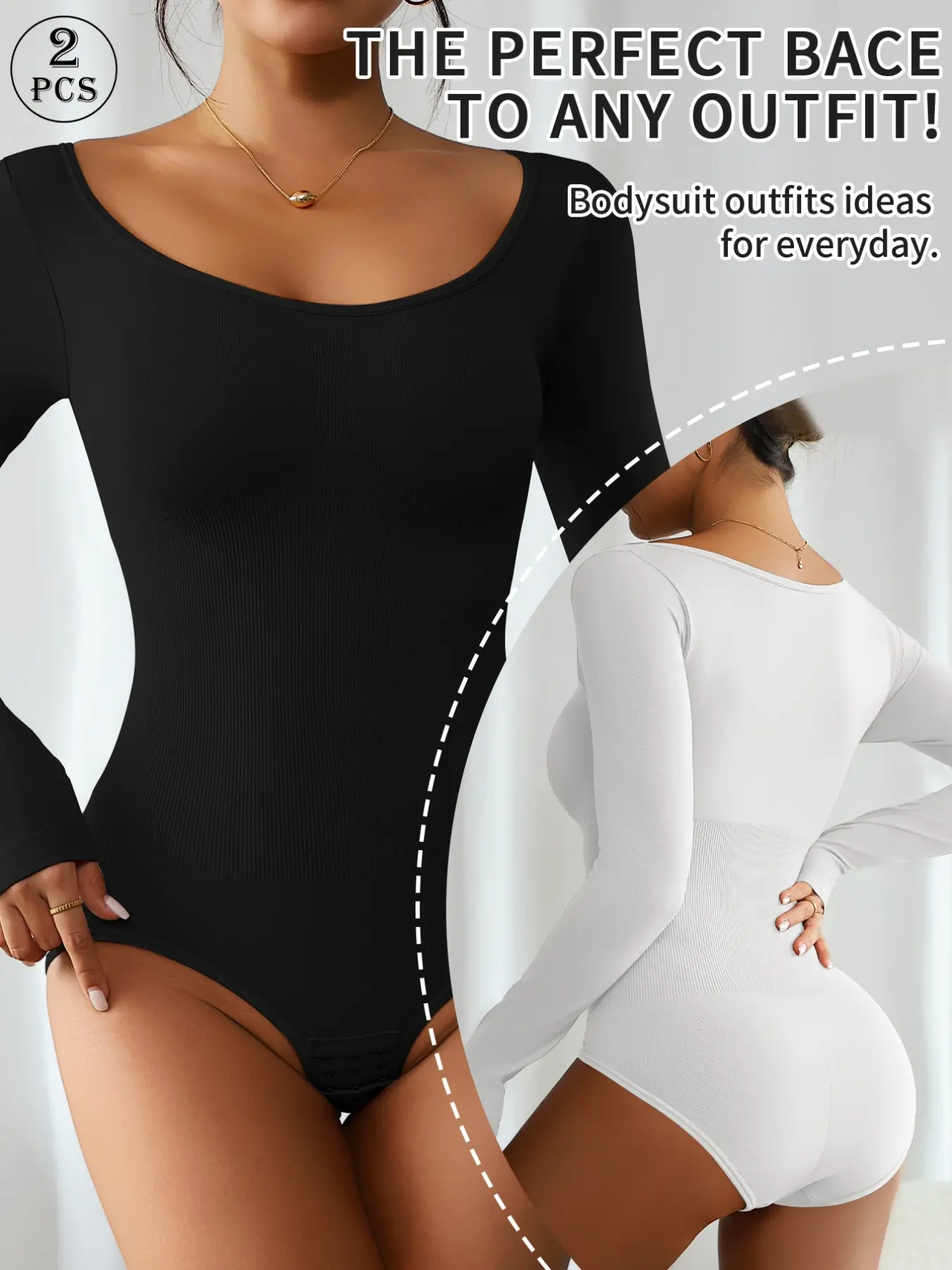 2 piece solid color round neck high-stretch shapewear bodysuit for women, autumn and winter long-sleeve, with crotch snaps, suitable for daily leisure, yoga, and workouts, tummy control, hip-lifting, body shaping, Womenswear, Underwear