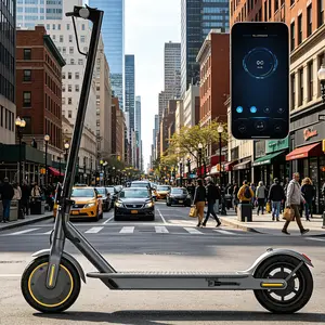 B Portable, foldable electric scooter equipped with a high-power 350W motor, with a top speed of 19 miles per hour, 8.5-inch tires, brakes, and app control. Ideal for short-distance urban commuting.