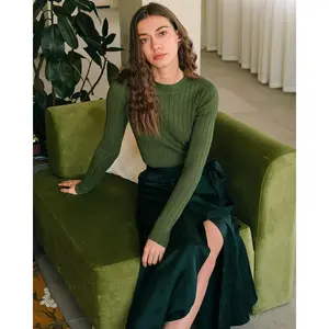 Rihoas Women's Basic Slim Round Neck Long-Sleeve Ribbed Knitwear Top - Soft Fabric Casual Clothes for Pairing with Jeans