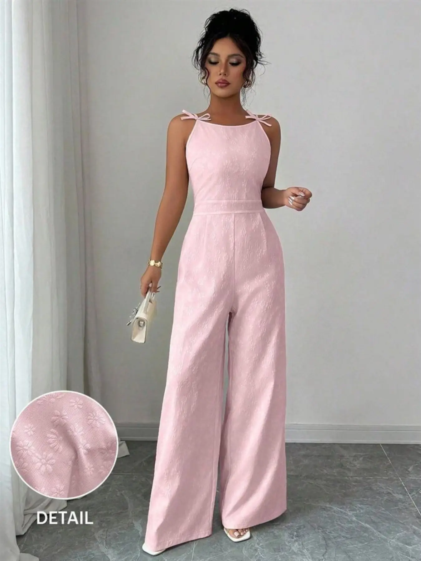Elegant Casual Women's Jacquard Floral One-Piece Fitted Overalls Jumpsuit, Butterfly Knot Design Strapless Jumpsuit , High-Waisted Slim Fitting Long Pants , Commute Stylish outfit, Fashion Casual Jumpsuit