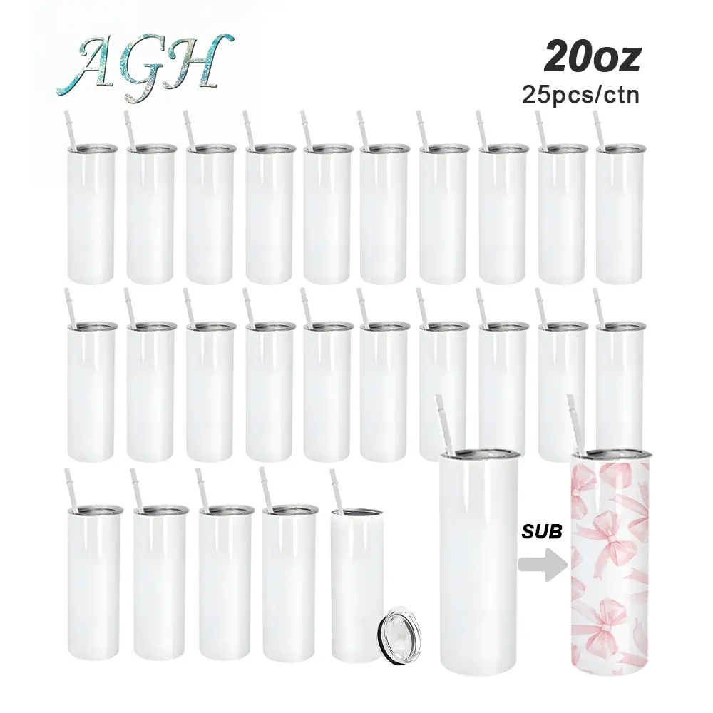 USA 25pcs 20oz Sublimation Straight Skinny Tumblers Bulk Heat Press Stainless Steel Vacuum Insulated Travel Mug with Lid straw