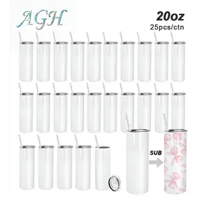 USA 25pcs 20oz Sublimation Straight Skinny Tumblers Bulk Heat Press Stainless Steel Vacuum Insulated Travel Mug with Lid straw